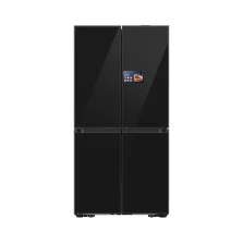 یخچال فریزر سامسونگ RM90F67CECEF مشکی از روبرو، با چهار درب شیشه‌ای و نمایشگر ۹ اینچی AI Home روی درب بالا سمت راست